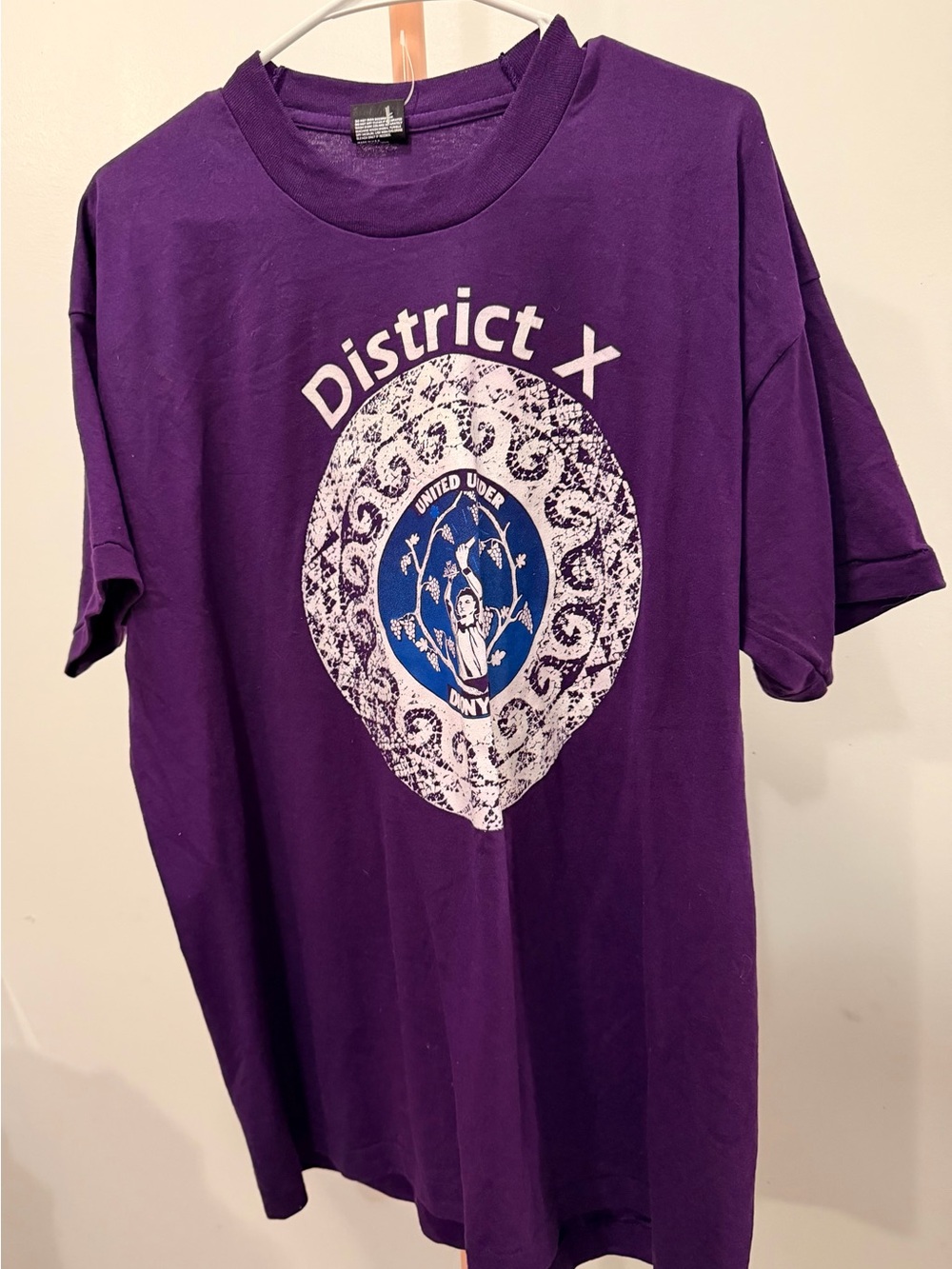 Fruit of the Loom Purple Graphic Tee with White and Blue Print